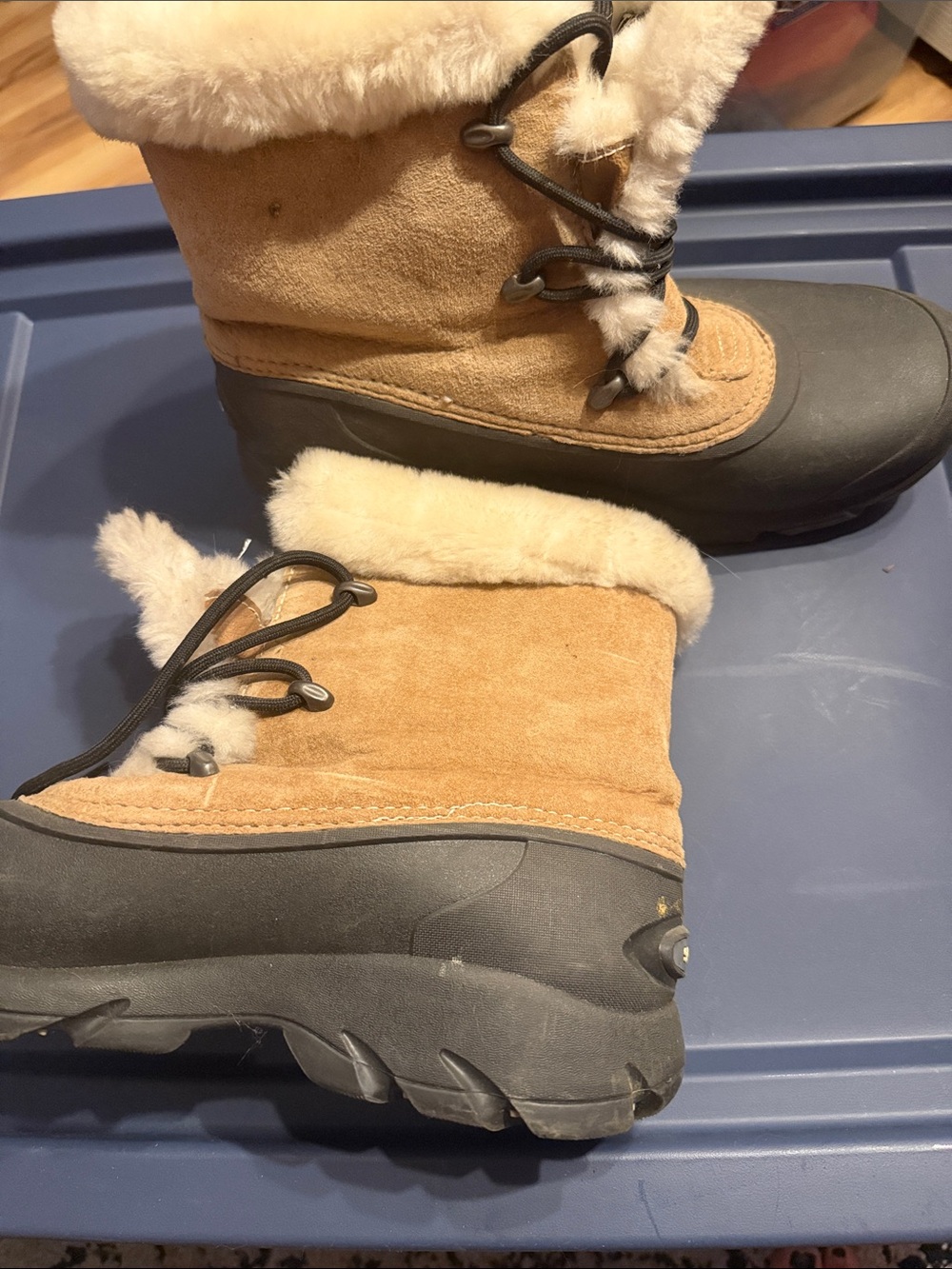 Sorel Tan Suede Winter Boots with Black Rubber Sole and faux fur lining